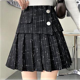 Tweed Panel Pleated Skirt