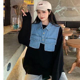 Long-sleeve Ripped Knit Top / Buttoned Denim Scarf