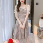 Puff-sleeve Ruffle Trim Plaid Midi A-line Dress