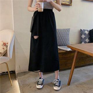Distressed A-line Midi Skirt