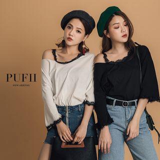 Cut-out Shoulder Lace Trim Plain Top