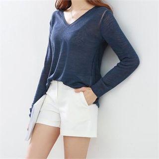 V-neck Long-sleeve Linen Blend Knit Top