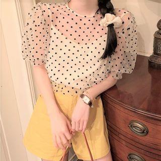 Set: Short-sleeve Polka Dot Mesh Top + Camisole