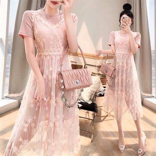 Set: Short-sleeve T-shirt + Lace Overall Dress