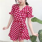 Polka Dot Short-sleeve A-line Mini Dress Red - One Size