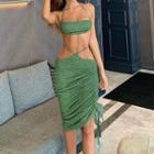 Set: Glitter Halter Neck Crop Top + Side Drawstring Midi Skirt