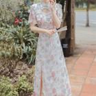 Short-sleeve Cutout Floral Print Midi A-line Qipao Dress