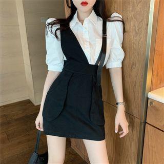 Puff Short-sleeve Shirt / Suspender A-line Skirt