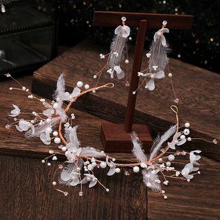 Wedding Set: Branches Headband + Fringed Earring Set Of 2 - Headband & Clip On Earring - White & Gold - One Size