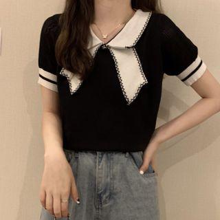Bow V-neck Short-sleeve Knit Top