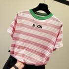Short-sleeve Embroidered Letter Striped Knit Top