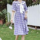 Short-sleeve Peter Pan Collar Plaid Tie-neck Midi Dress