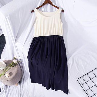 Color Block Sleeveless Midi Dress Beige & Dark Blue - One Size