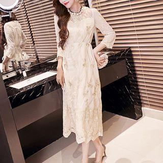 Embroidered 3/4-sleeve A-line Midi Dress With Necklace
