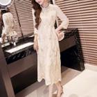 Embroidered 3/4-sleeve A-line Midi Dress With Necklace