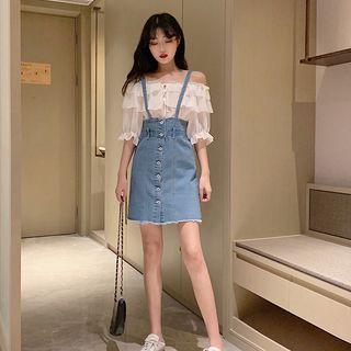 Boatneck Chiffon Top / Denim Jumper Dress