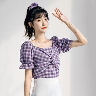 Plaid Chiffon Puff-sleeved Top