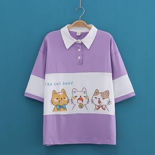 Cat Print Color-block Polo-collar Top