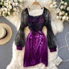 Ruched Lace Puff-sleeve Panel Velvet Dress