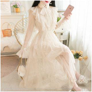 Long-sleeve Tie-neck Ruffled Mesh Dress