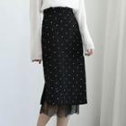 Lace Panel Dotted Midi Skirt