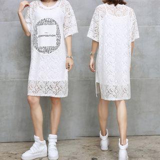 Set: Printed Short-sleeve Lace Dress + Strappy Dress