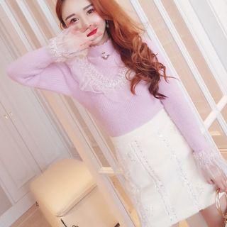 Mock-neck Lace Trim Long-sleeve Knit Top