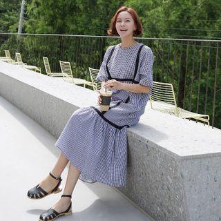 Piped Ruffled Long Gingham Dress