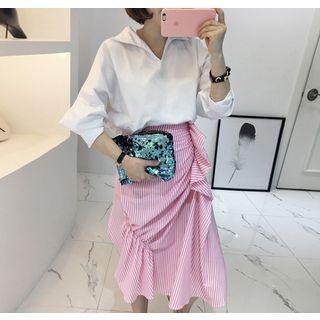 Ruffled Stripe Cotton Long Skirt