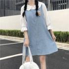 Bell-sleeve Collared Blouse / Denim Mini A-line Overall Dress