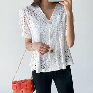 V-neck Pintuck-trim Eyelet Lace Blouse