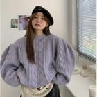 Puff-sleeve Plain Cable-knit Sweater