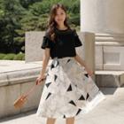 Band-waist Pattern Linen Blend Skirt