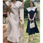 Contrast Trim Collared Short-sleeve Midi A-line Dress