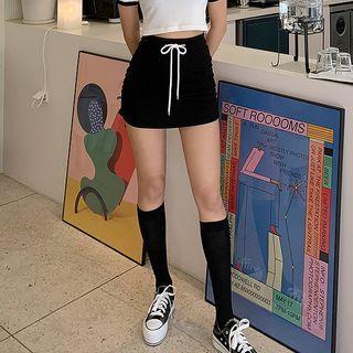 Drawstring-waist Shirred-side Mini Skirt