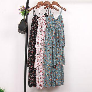 Flower Print V-neck Spaghetti Strap Midi Layered Dress