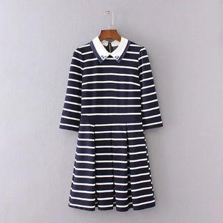 3/4-sleeve Embellished-neckline Striped Dress
