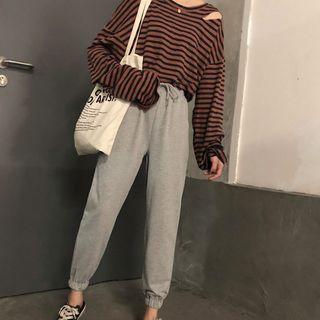 Striped Long-sleeve Cut Out T-shirt / Drawstring Jogger Pants