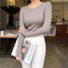Round-neck Ribbed Knit Top Gray - One Size