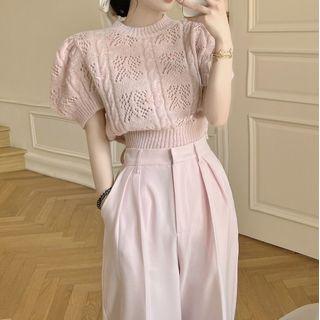 Puff-sleeve Pointelle Knit Top / High Waist Wide Leg Pants