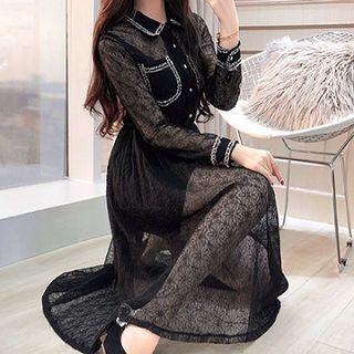 Set: Plain Slipdress + Contrast Trim Long-sleeve Midi Lace Dress