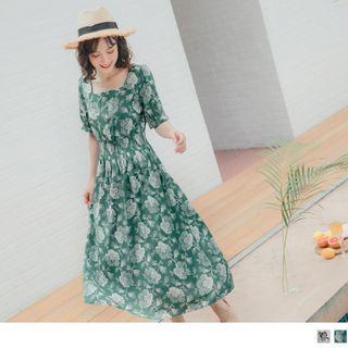 Short Sleeve Square Neck Printed Sundress