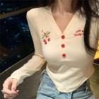 Long-sleeve Fruit Embroidered Crop Top Almond - One Size