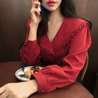 Lace Trim V-neck Blouse Red - One Size