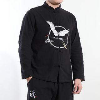 Set: Crane Embroidered Frog-button Shirt + Straight-cut Pants