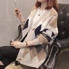 Diamond Patterned Loose-fit Cardigan Khaki - One Size