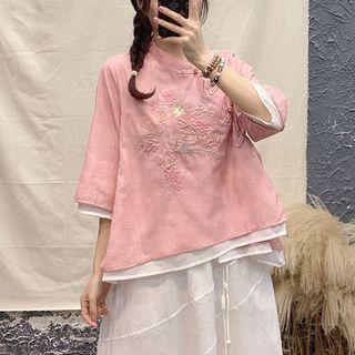 3/4-sleeve Embroidered Frog Button Blouse