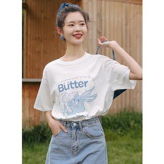 Cartoon Rabbit Print Short-sleeve T-shirt White - One Size