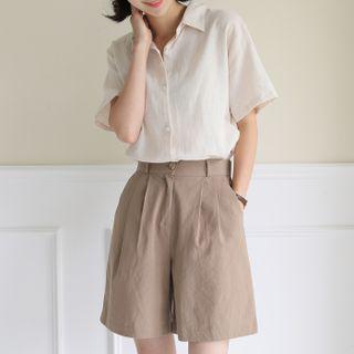 Band-waist Pintuck-trim Linen Blend Shorts