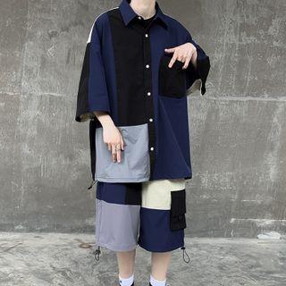 Set: Elbow-sleeve Color Block Shirt + Wide Leg Cargo Shorts